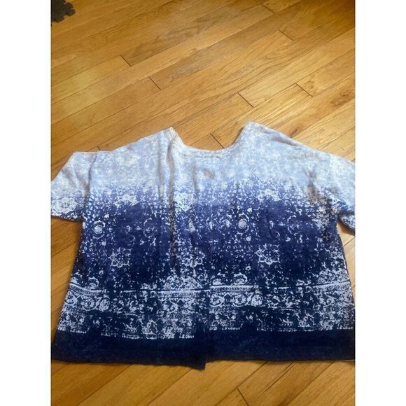 Pure Jill women's linen/cotton Blue & White Pattern open back Short Sleeve Top L - Picture 6 of 8